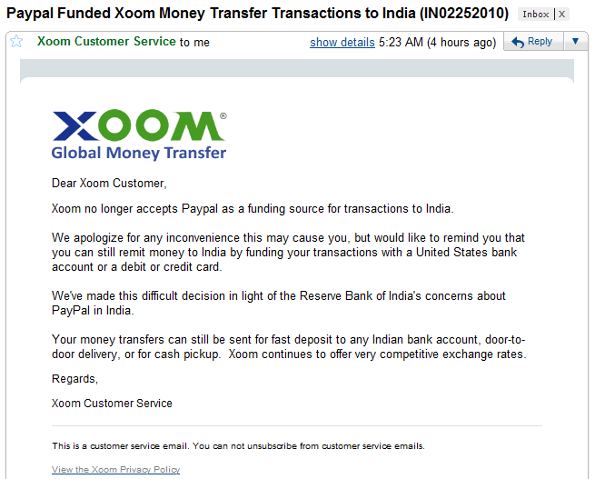 xoom-paypal-email xoom paypal email Xoom stopped accepting Paypal for transactions to India due to RBI Guidelines