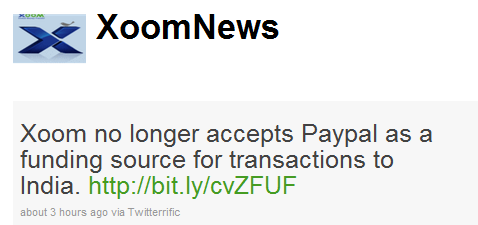 xoom-paypal-twitter-news xoom paypal twitter news Xoom stopped accepting Paypal for transactions to India due to RBI Guidelines